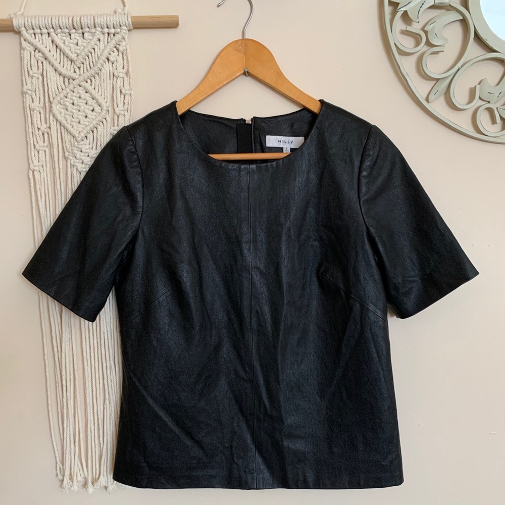 Milly Black Leather Zip Top with Pleats Size 4